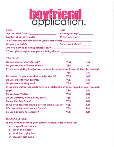 Printable Boyfriend Application